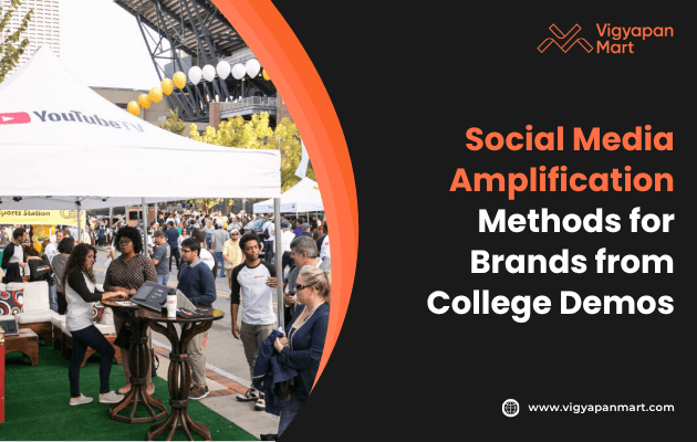 A busy outdoor scene with a YouTube TV tent, people engaging, and balloons in the background. Text reads, "Social Media Amplification Methods for Brands from College Demos.