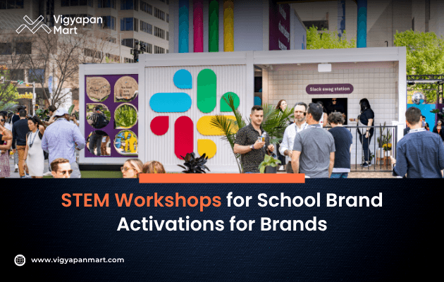 Outdoor event with a colorful, geometric backdrop featuring people mingling. Text highlights STEM workshops and brand activations. Lively atmosphere.