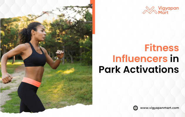 A woman in athletic wear jogs through a sunlit park, surrounded by trees. The text reads "Fitness Influencers in Park Activations." The scene conveys energy.