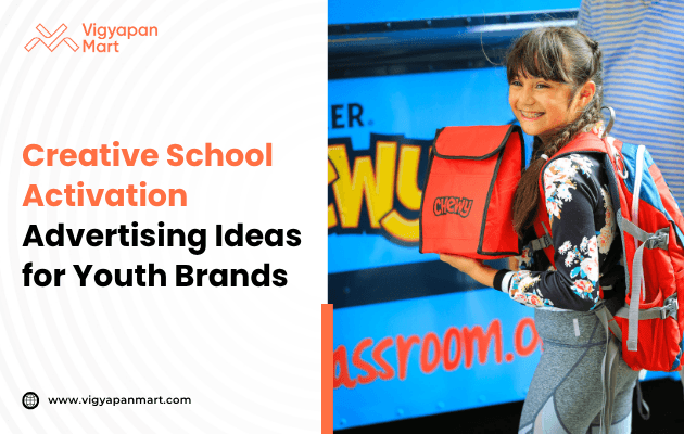 A smiling girl with a ponytail holds a red Chewy backpack in front of a vibrant school bus. Bold text reads "Creative School Activation: Advertising Ideas for Youth Brands" on a white and orange background. The scene conveys energy and excitement.