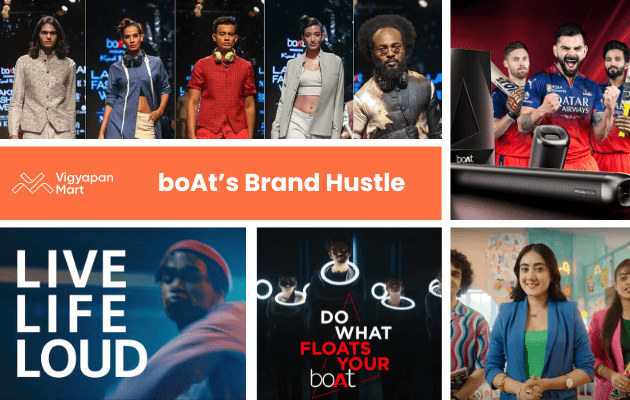 Collage showcasing boAt's branding: fashion models on runway, athletes posing with headphones, slogans "Live Life Loud," and "Do What Floats Your boAt," plus a smiling woman in blue. Energetic and modern vibe.