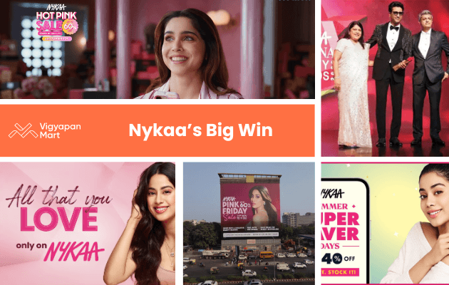 Collage featuring Nykaa's Hot Pink Sale. Includes a smiling woman with a phone, a billboard, and people on stage celebrating. Bright, celebratory tone.