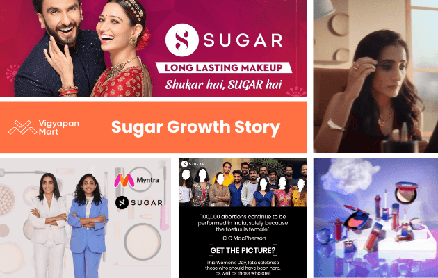 Collage showcasing various SUGAR cosmetics promotions. Joyful couple endorsing makeup, a woman applying eyeshadow, and vibrant product displays convey elegance and excitement.