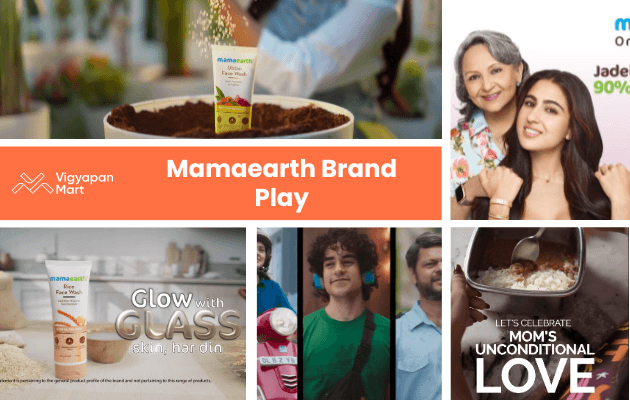 Collage of Mamaearth brand images: a tube in soil, smiling woman and child, a cream product, a teen in headphones, and a mom with a gift box. Text: "Mamaearth Brand Play." Emotion: joy and love.