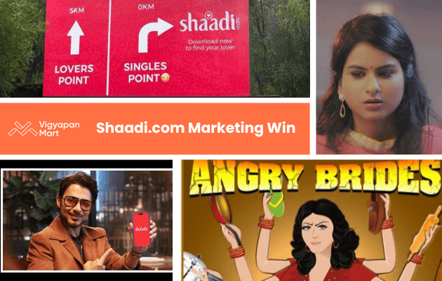 Collage featuring a Shaadi.com ad with road sign graphics and a woman's pensive expression. Includes branding and a humorous "Angry Brides" image. Tone is playful and promotional.