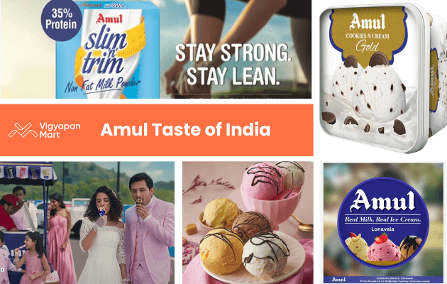 Collage featuring Amul dairy products: milk powder, ice creams, with "Amul Taste of India" text. Images of people enjoying ice cream and a colorful setting.