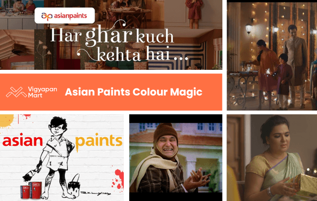 A vibrant collage featuring Asian Paints branding, showcasing home decor, color themes, and family moments during festive celebrations.