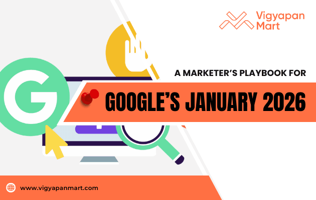 Marketing graphic titled 'A Marketer's Playbook for Google's January 2026' with vibrant icons of a magnifying glass and cursor. Vigyapan Mart logo and website included, highlighting a modern and digital tone.