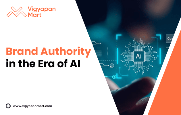 Vigyapan Mart banner with text 'Brand Authority in the Era of AI'. Background features a digital circuit and AI icon on a blue and black gradient.