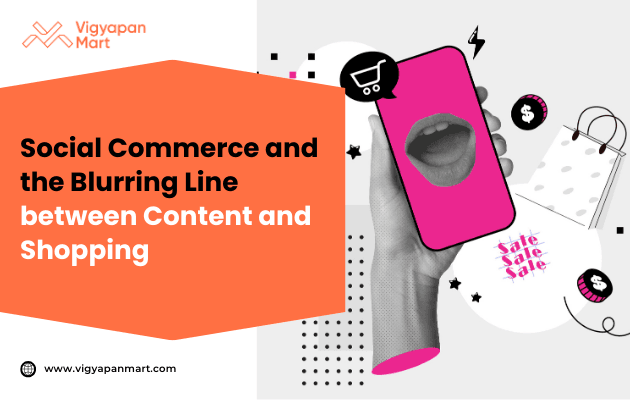 Abstract digital artwork depicting a hand holding a smartphone with a pink screen showing a mouth. Text reads 'Social Commerce and the Blurring Line between Content and Shopping.' Sale icons and shopping graphics surround the phone, conveying a blend of technology and retail. The design uses a modern, energetic tone with geometric elements and bold colors.