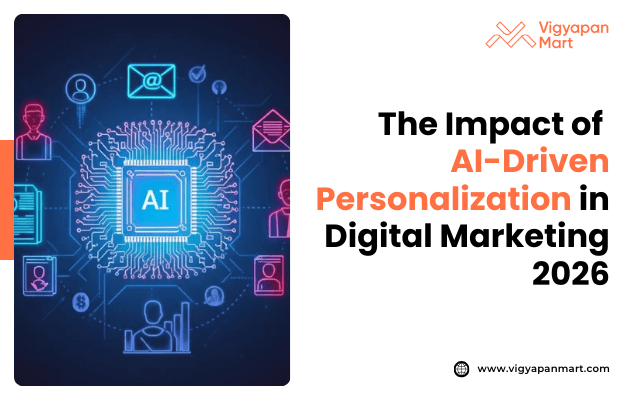 AI-themed digital marketing image showing an AI chip at the center surrounded by icons (email, person) on a dark background, with the text "The Impact of AI-Driven Personalization in Digital Marketing 2026" in bold black and orange letters.