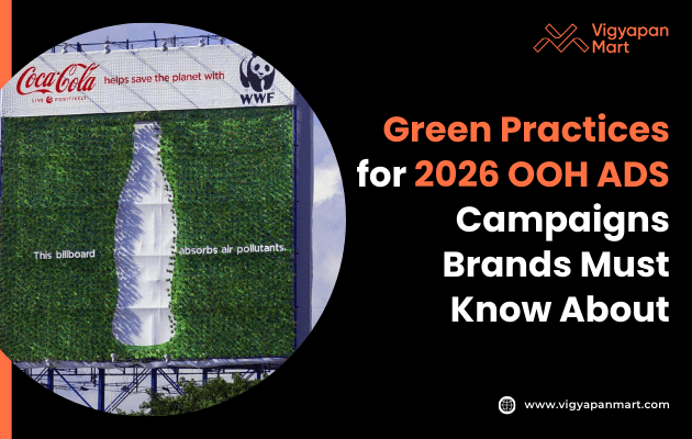 Green billboard covered in plants, outlined with a white bottle shape, emphasizing air pollution absorption. Text highlights 2026 green ad practices.