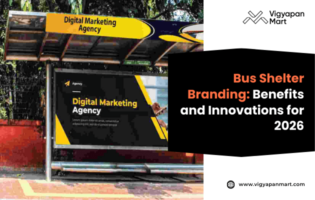 Bus shelter with an ad for a digital marketing agency. Bold yellow and black colors convey modernity. Text promotes branding innovations for 2026.