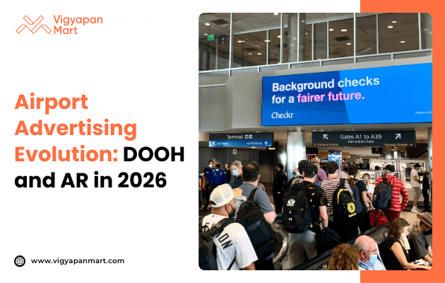 Crowded airport terminal with travelers, a digital sign above reads, "Background checks for a fairer future. Checkr." Text on image discusses airport advertising evolution.