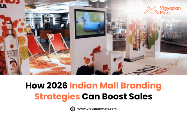 Modern retail display with bright colors showcases Bacardi products, featuring a digital screen and deck chairs. Text below reads, "How 2026 Indian Mall Branding Strategies Can Boost Sales."