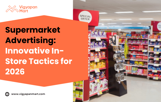 Supermarket aisle with colorful shelves displaying various products. A bright red 'Special Offer' sign is prominent. Text overlay reads 'Supermarket Advertising: Innovative In-Store Tactics for 2026' in bold. The atmosphere is vibrant and busy, emphasizing retail marketing strategies.