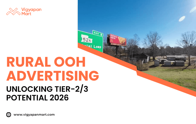 A rural highway scene with billboards beside a green exit sign and trees under a clear blue sky. Text reads 'Rural OOH Advertising: Unlocking Tier-2/3 Potential 2026' with the Vigyapan Mart logo.