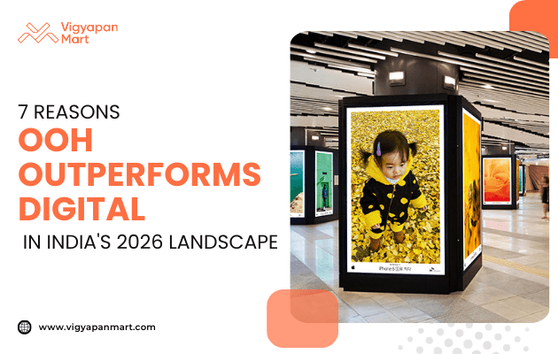 Airport terminal with vibrant overhead lighting and digital advertisements featuring a child in a yellow outfit amidst yellow flowers, highlighting the effectiveness of out-of-home advertising. Text reads '7 Reasons OOH Outperforms Digital in India's 2026 Landscape.'