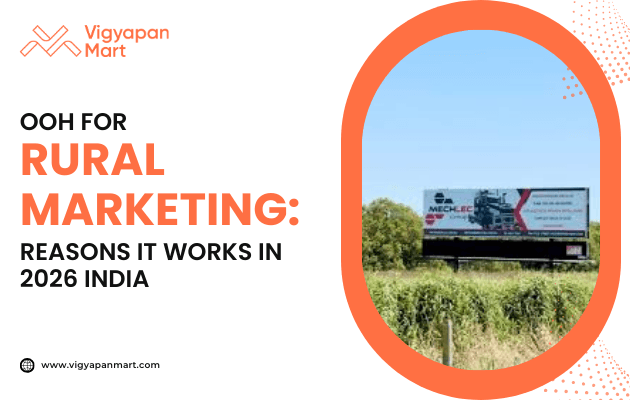 OOH rural marketing image with a large billboard in a scenic countryside, promoting "Mechlec." Text highlights its impact in 2026 India. Vigyapan Mart logo present.