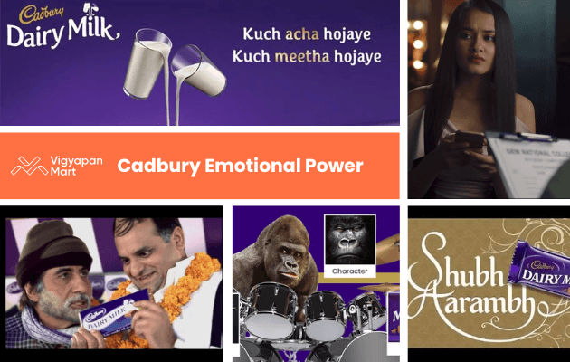 Collage of Cadbury Dairy Milk ads: pouring milk, a thoughtful woman, smiling men with chocolate, a drumming gorilla, and "Shubh Aarambh" text. Tone: joyful, emotional.