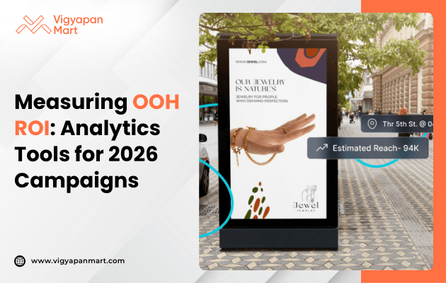 A digital screen in a city environment features a jewelry advertisement with estimated audience reach, while the left side displays text about OOH ROI analytics for 2026.