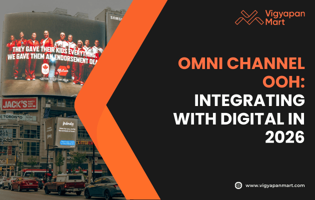 A digital billboard in an urban setting features a sports team with endorsement messaging, alongside text that reads Omni Channel OOH integrating with digital in 2026.