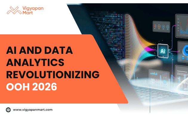 An abstract visual features AI and data analytics icons over colorful graphs, placed beside text about AI and data analytics transforming OOH in 2026 on an orange background.