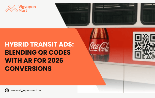 A white hybrid bus with brand logos travels along a tree-lined road, accompanied by bold text about hybrid transit ads blending QR codes with AR for higher conversions in 2026.