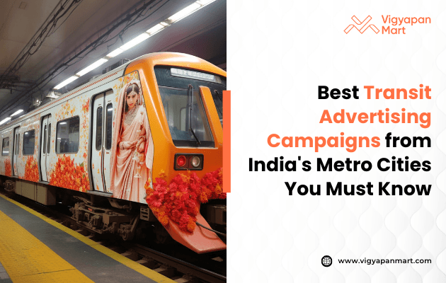 Orange metro train decorated with a floral display and a large image of a woman in traditional attire, featuring text that highlights metro advertising campaigns.