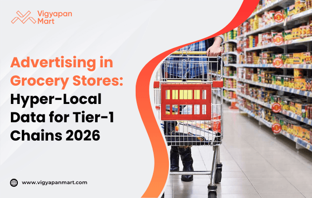 Shopper pushing a cart through a grocery aisle filled with colorful products, featuring the text “Advertising in Grocery Stores: Hyper-Local Data for Tier-1 Chains 2026.”