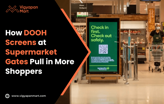 Digital screen at a supermarket entrance showing a green safety message with a QR code, as a masked shopper enters, highlighting an informative atmosphere around digital out-of-home advertising attracting customers.