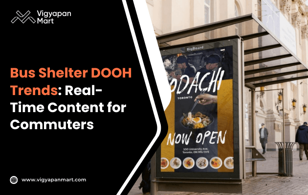 Bus shelter displaying a vivid advertisement for a new restaurant opening, featuring the text “Bus Shelter DOOH Trends: Real-Time Content for Commuters.”