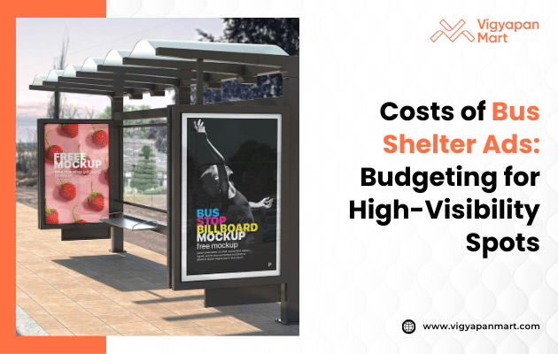 Modern urban bus shelter displaying two advertising mockups, one with strawberries and another with a monochrome image and colorful text, alongside text explaining bus shelter advertising costs.