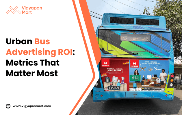Rear view of a city bus displaying colorful household appliance advertisements, featuring the text “Urban Bus Advertising ROI: Metrics That Matter Most.”