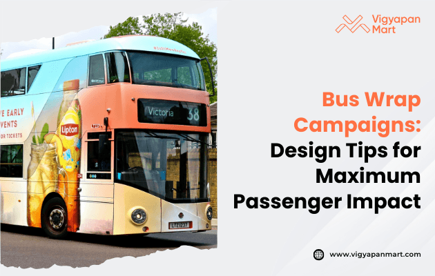 Double-decker bus driving on a city street with a colorful iced tea wrap advertisement, featuring the text “Bus Wrap Campaigns: Design Tips for Maximum Passenger Impact.”