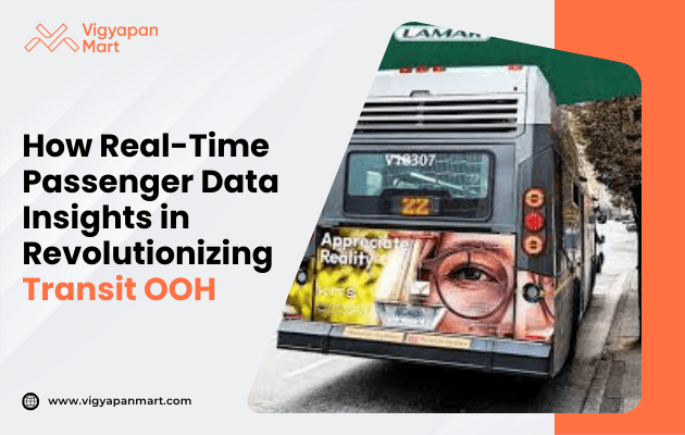 A rear-facing view of a city bus displays a vibrant, eye-catching advertisement, with text discussing real-time passenger data and transit innovation, presented in a modern and dynamic tone.
