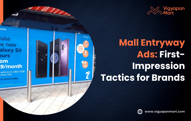 A mall entrance features large, brightly colored smartphone advertisements, with overlay text highlighting strategies for creating strong brand first impressions.
