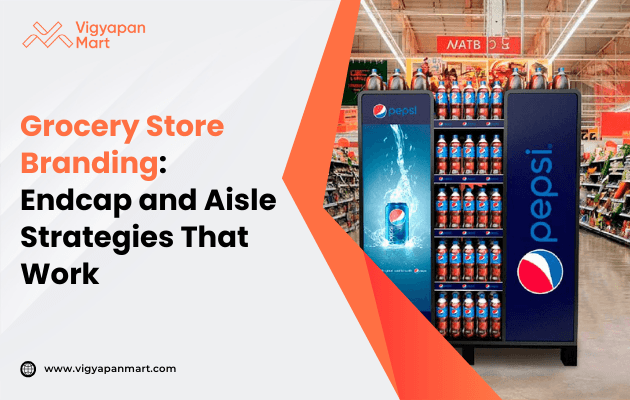 A well-organized endcap store display features colorful Pepsi products, with text highlighting grocery store branding and effective aisle strategies.