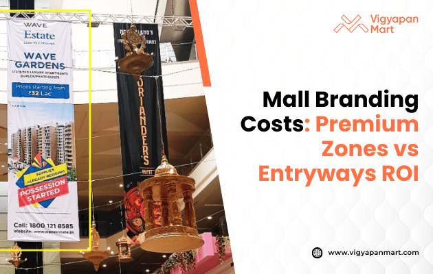 A vibrant mall interior showcases large promotional banners and decorative chandeliers, alongside text highlighting mall branding costs and the ROI of premium zones versus entryways.