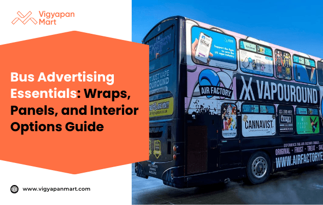 A bus wrapped in colorful advertisements is shown at night, emphasizing a variety of advertising panels. Text overlay promotes a guide on bus advertising options. Energetic tone.