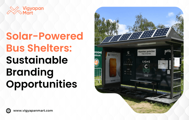 A solar-powered bus shelter features rooftop solar panels and advertising displays, surrounded by trees under a bright sky, emphasizing a sustainable and eco-friendly theme.