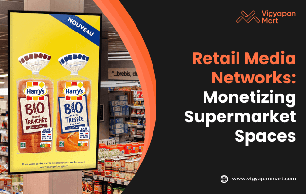 A digital screen inside a supermarket displays an advertisement for Harry’s bread, alongside text promoting “Retail Media Networks: Monetizing Supermarket Spaces,” presented in a bright and informative tone.
