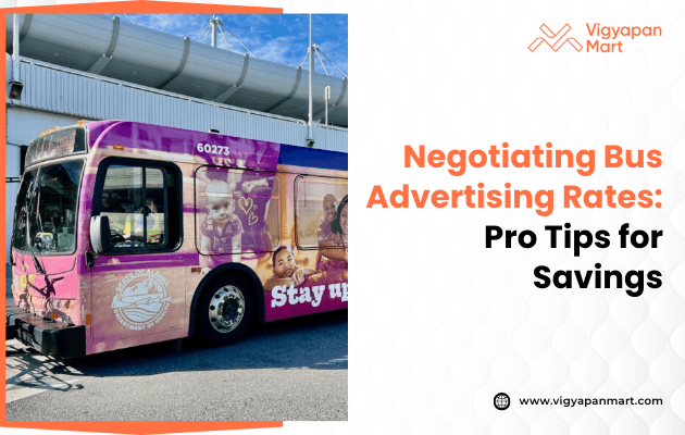 A bus parked outside a building features vibrant vaccine promotion advertisements, with text reading “Negotiating Bus Advertising Rates: Pro Tips for Savings.”