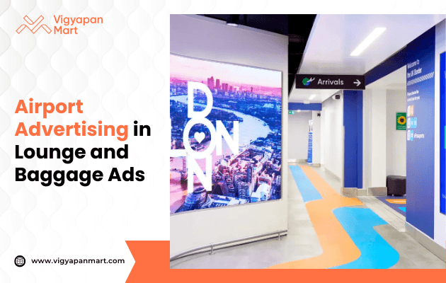 An LED display in an airport lounge shows the word “LONDON” over a city skyline image. Text reads “Airport Advertising in Lounge and Baggage Ads,” creating a bright, modern atmosphere.