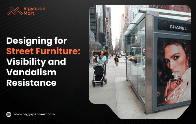 A bus stop displays a Chanel advertisement featuring a model holding perfume, with text discussing street furniture visibility and resistance to vandalism.