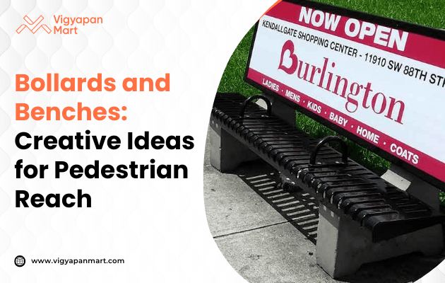A black metal bench with an integrated advertisement promotes a shopping center in a pedestrian area. Text reads “Bollards and Benches: Creative Ideas for Pedestrian Reach.”