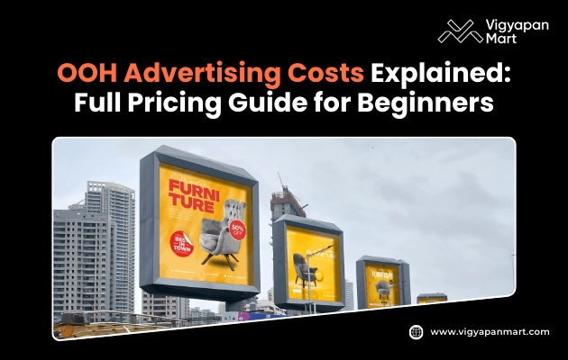 Urban billboards showcasing furniture advertisements stand beneath cloudy skies. The text reads “OOH Advertising Costs Explained: Full Pricing Guide for Beginners.”
