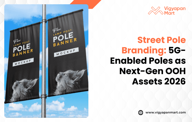 Two black street pole banners featuring a wolf image stand against a clear blue sky. Text beside reads “Street Pole Branding: 5G-Enabled Poles as Next-Gen OOH Assets 2026.”