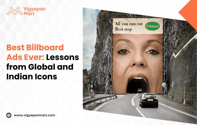 A creative billboard designed as a woman’s face is built into a mountain tunnel, using the tunnel opening as her mouth. Text reads “Best Billboard Ads Ever.”