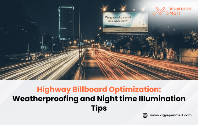 A busy highway at night shows blurred vehicle lights passing an illuminated billboard. Text reads “Highway Billboard Optimization: Weatherproofing and Nighttime Illumination Tips.” A logo is in the corner.